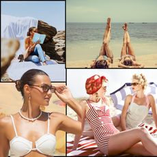 a collage of woman at the beach wearing bathing suits in the sunshine
