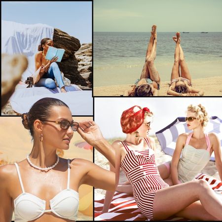 a collage of woman at the beach wearing bathing suits in the sunshine