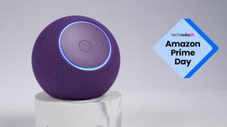 An Amazon Echo Dot Max next to a badge reading "TechRadar Amazon Prime Day"