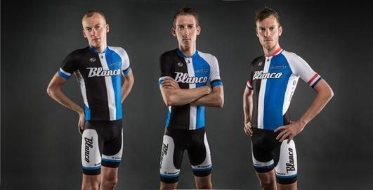Robert Gesink, Bauke Mollema and Lars Boom model the new Blanco kit