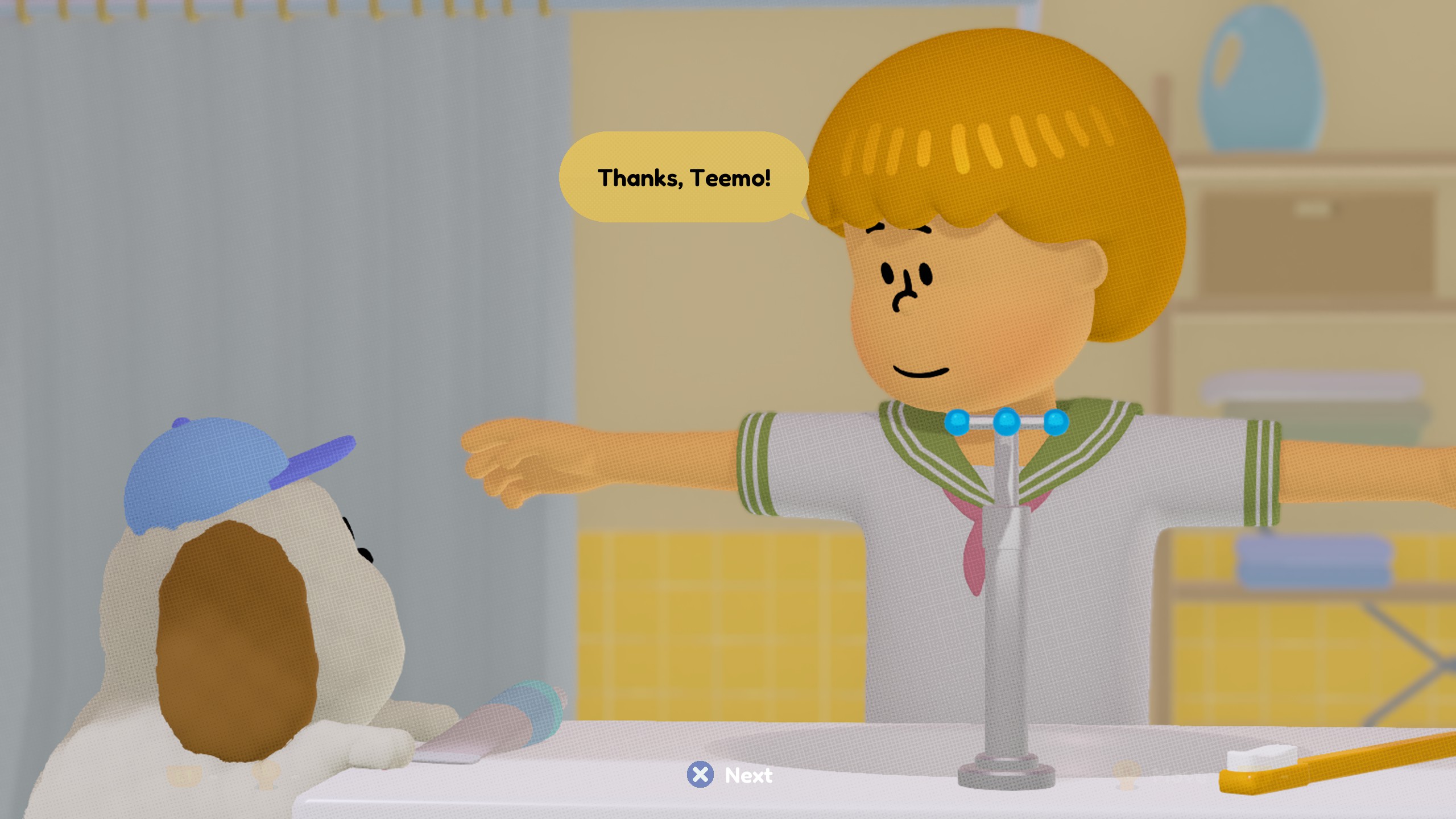 To a T's character standing by the sink with their dog, saying "Thanks, Teemo!"