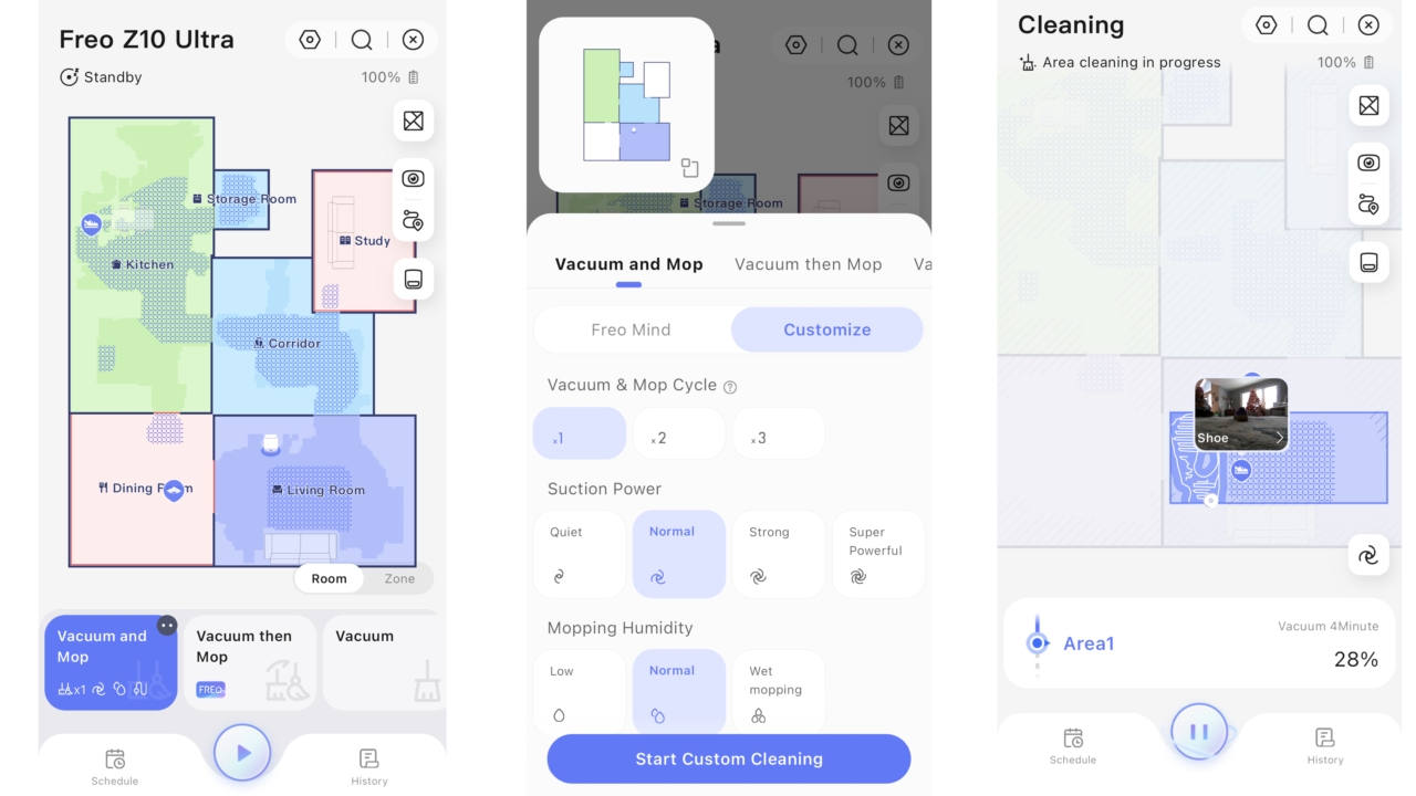 Narwal Freo app device home page, cleaning parameter, and cleaning progress example
