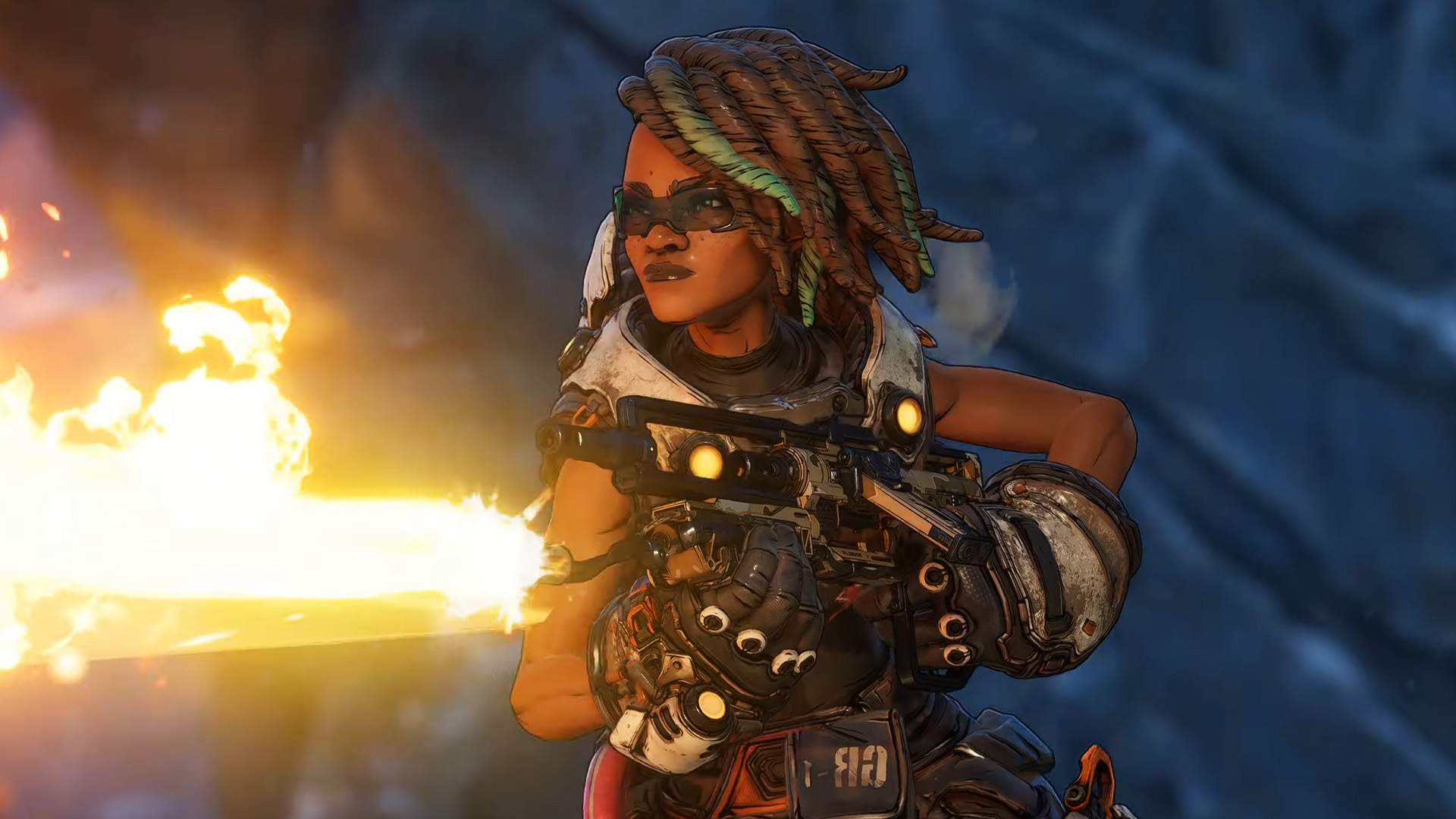 Harlowe from Borderlands 4 facing something off-screen and using her flamethrower. 