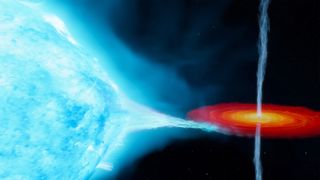 这是艺术家对天鹅座X-1系统的印象，它包括一个恒星质量的黑洞，围绕着一颗距离地球7200光年的伴星运行。