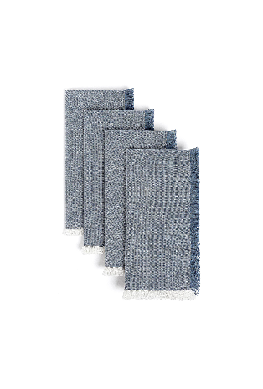 Chambray and white linen table napkins with blue and navy blue fringe 