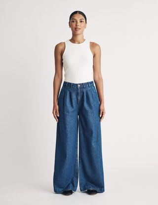 High Waisted Pleat Front Wide Leg Jeans