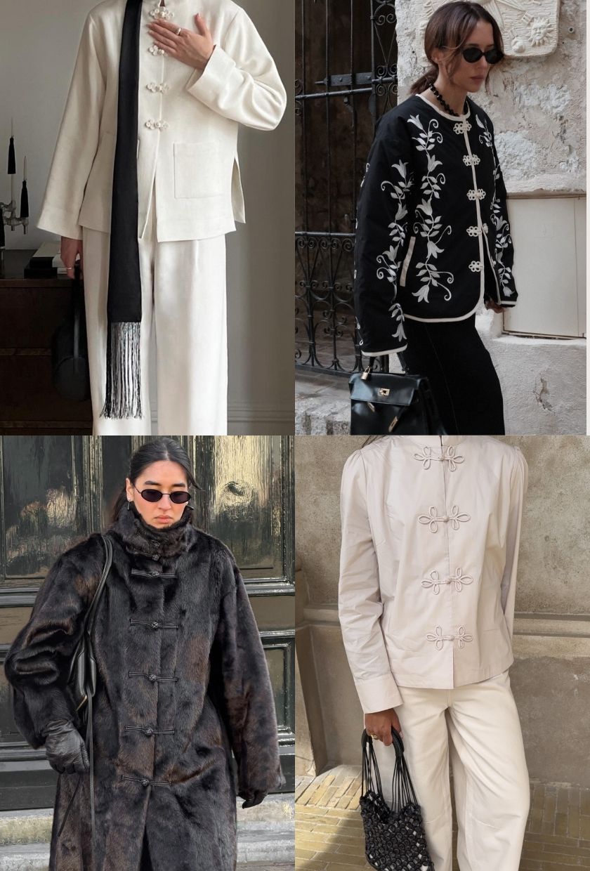 close-up shots of a white frog-fastening shirt, black and white frog-fastening jacket, espresso brown frog-fastening faux-fur coat, and cream frog-fastening shirt