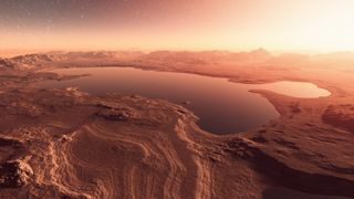 a reddish-orange landscape with a large liquid lake