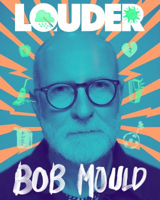 Bob Mould on the cover of Louder. He is blue against a colourful background