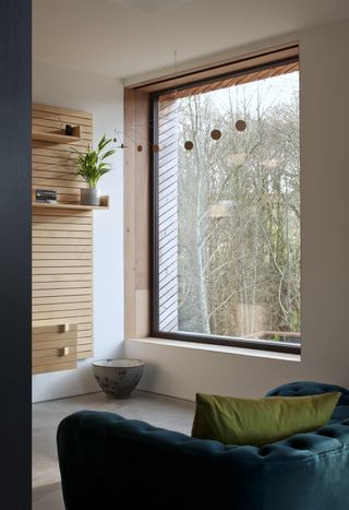picture window with view of trees in white room