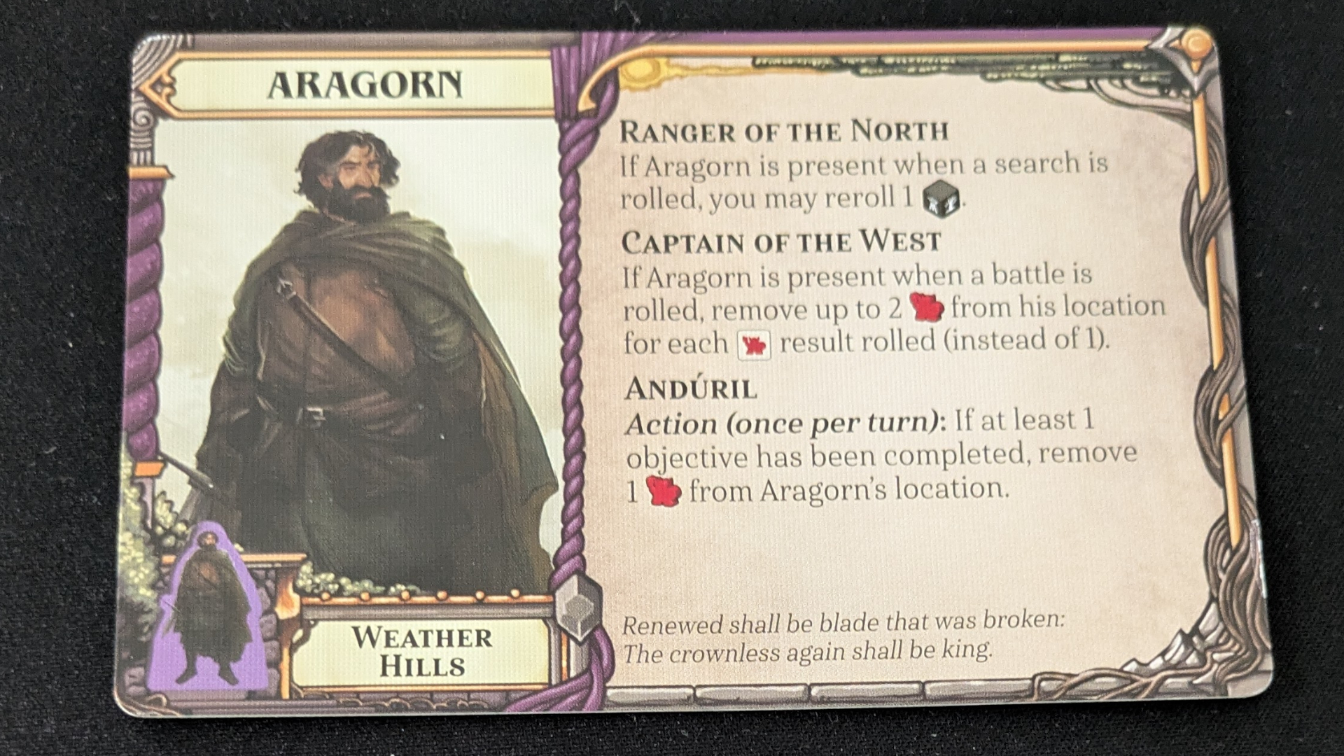 The Aragorn character card, sat on a black background