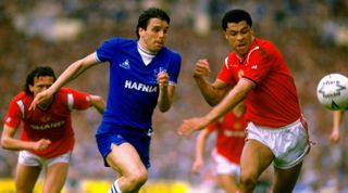 18 May 1985: Graeme Sharp of Everton (left) and Paul McGrath of Manchester United in action during the FA Cup Final at Wembley Stadium in London. Manchester United won the match 1-0 after extra time. \ Mandatory Credit: Bob Martin /Allsport