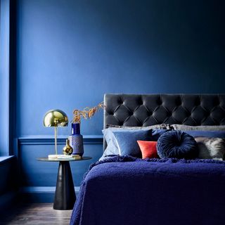 Bedroom with bright blue painted walls and velvet headboard