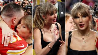 Photos of Taylor Swift sporting red lipstick, winged eyeliner, and a white manicure at last year's Super Bowl.