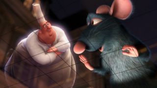Auguste Gusteau and Remy looking into the kitchen in Ratatouille