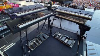 "My keyboard rig consists of two Kurzweil 2600s and two Yamaha Motifs. Those are connected to a Digital Music Corp MX- 8 MIDI Patchbay."