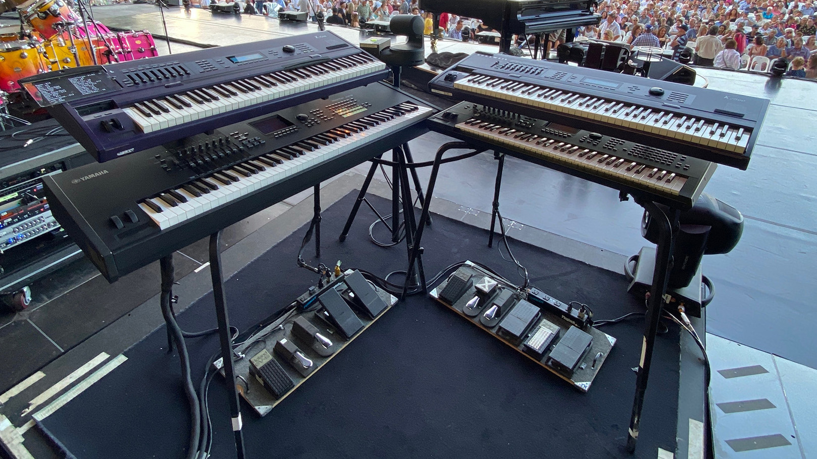 "My keyboard rig consists of two Kurzweil 2600s and two Yamaha Motifs. Those are connected to a Digital Music Corp MX- 8 MIDI Patchbay."