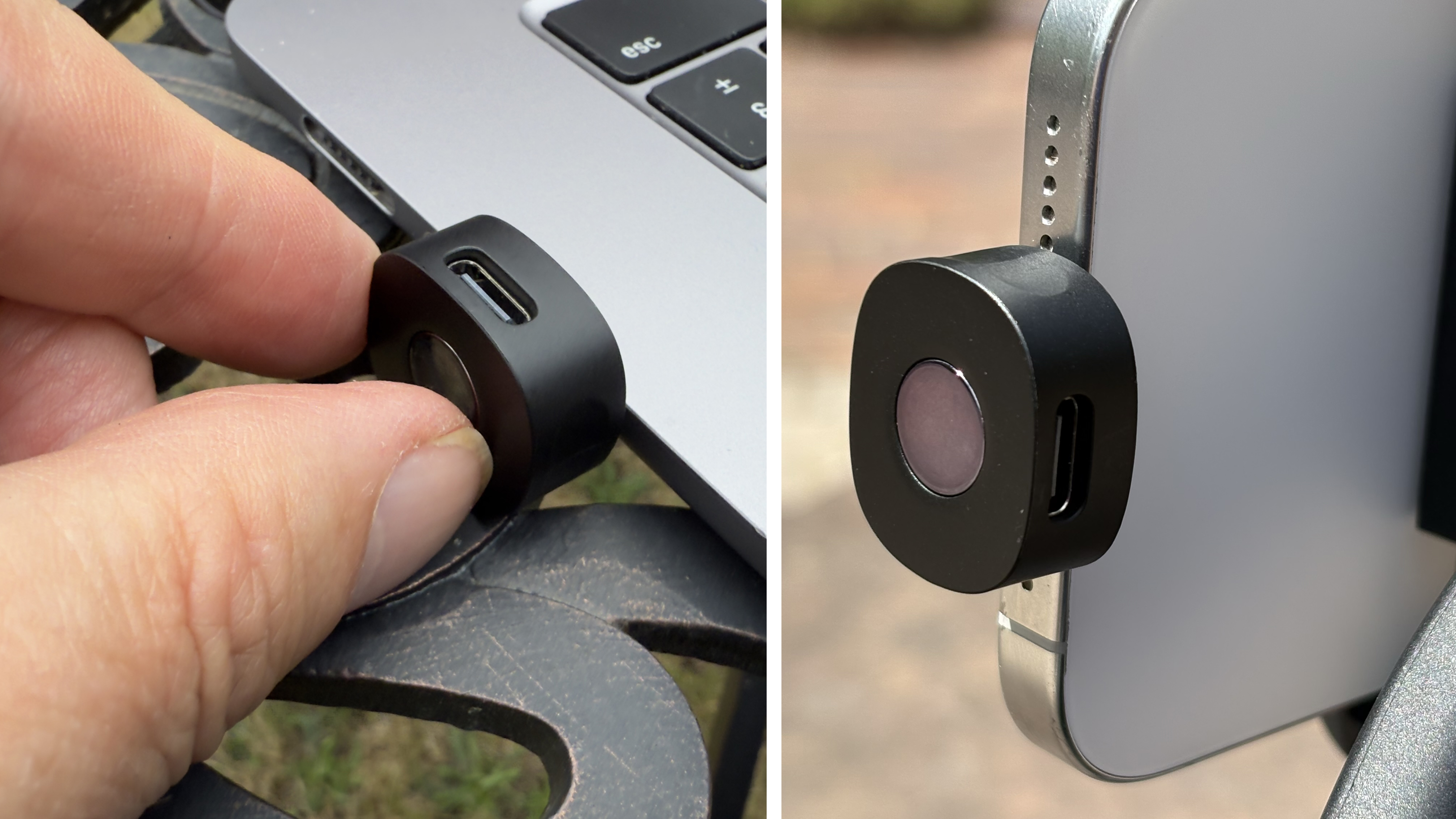 Shot of a hand removing the USB-C receiver from a slot at the end of the carry case
