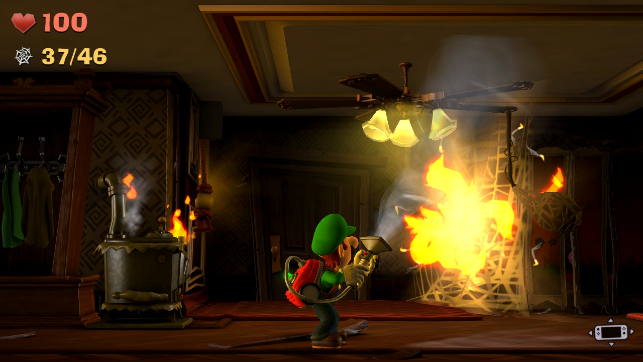 Luigi stands near a fire blowing the Poltergust in Luigi's Mansion 2 HD.
