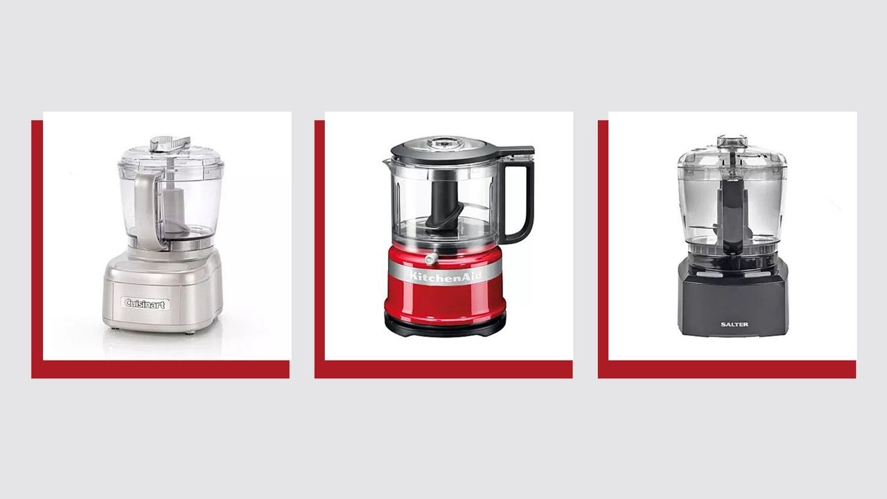 three of w&amp;h&#039;s best mini food processors picks—from Cuisinart, Kitchenaid and Salter—on a light grey background with dark red shadows around each product image