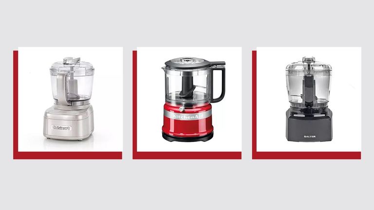 three of w&h's best mini food processors picks—from Cuisinart, Kitchenaid and Salter—on a light grey background with dark red shadows around each product image