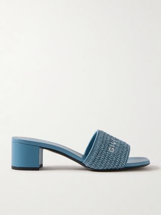 Blue Leather-Trimmed Embroidered Raffia Mules