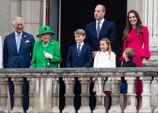 King Charles, Queen Elizabeth II, Prince George. Prince William, Princess Charlotte, Prince Louis and Kate Middleton