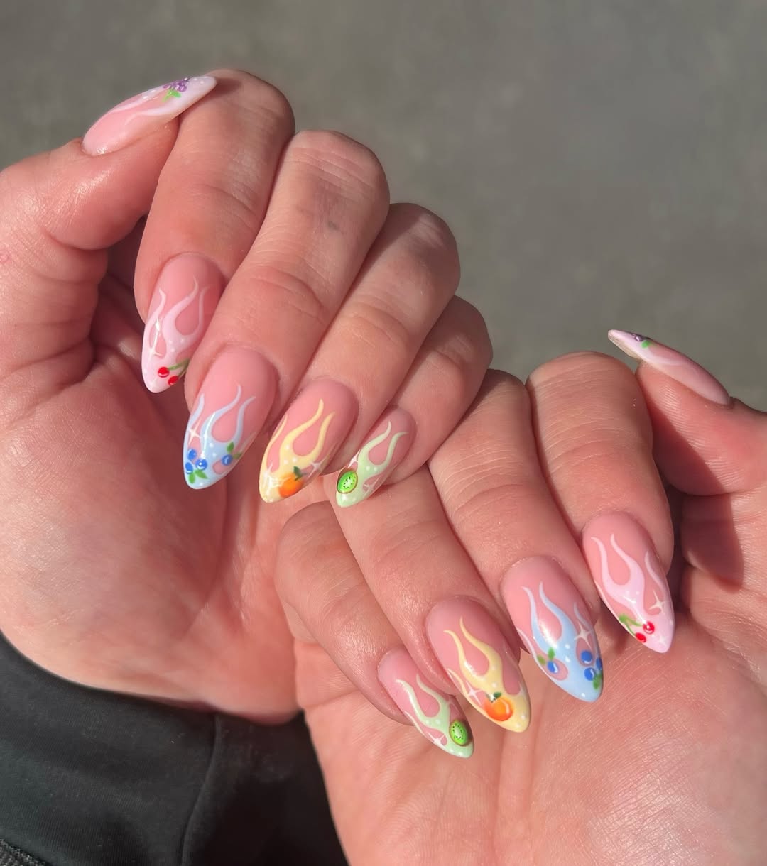 colorful french manicure with flames