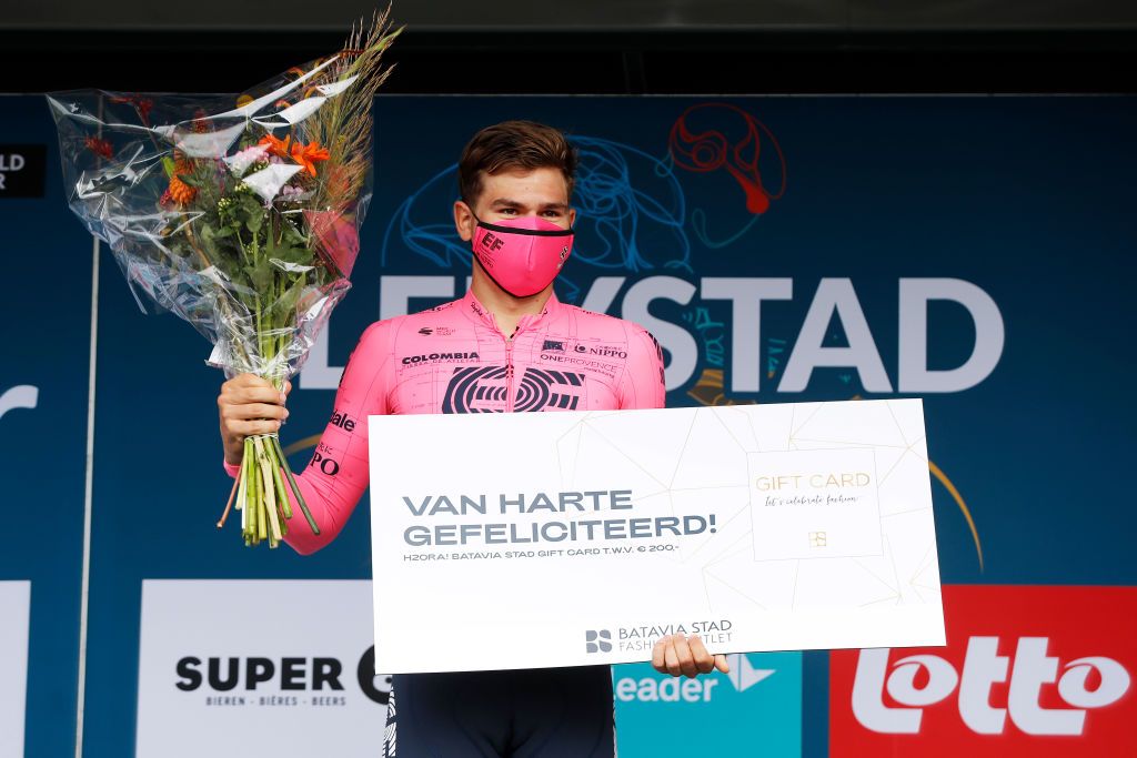 LELYSTAD NETHERLANDS AUGUST 31 Stefan Bissegger of Switzerland and Team EF Education Nippo celebrates at podium as stage winner during the 17th Benelux Tour 2021 Stage 2 a 111km Individual Time Trial stage from Lelystad to Lelystad ITT BeneluxTour on August 31 2021 in Lelystad Netherlands Photo by Bas CzerwinskiGetty Images