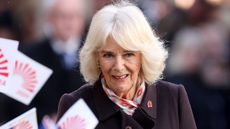  Queen Camilla smiles as she arrives for the 850th anniversary of the St John’s Foundation and a Service of Celebration at Bath Abbey on February 01, 2024 in Bath, England