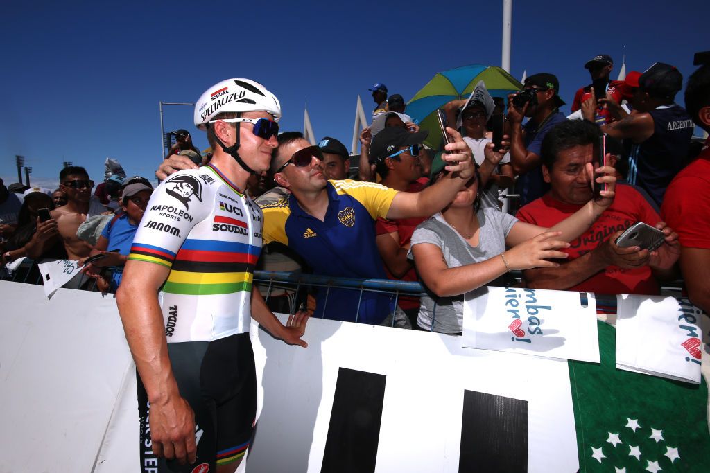 SAN JUAN ARGENTINA JANUARY 28 Remco Evenepoel of Belgium and Team Soudal QuickStep meets the fans prior to the 39th Vuelta a San Juan International 2023 Stage 6 a 1449km stage from Veldromo Vicente Chancay to Veldromo Vicente Chancay VueltaSJ2023 on January 28 2023 in San Juan Argentina Photo by Maximiliano BlancoGetty Images