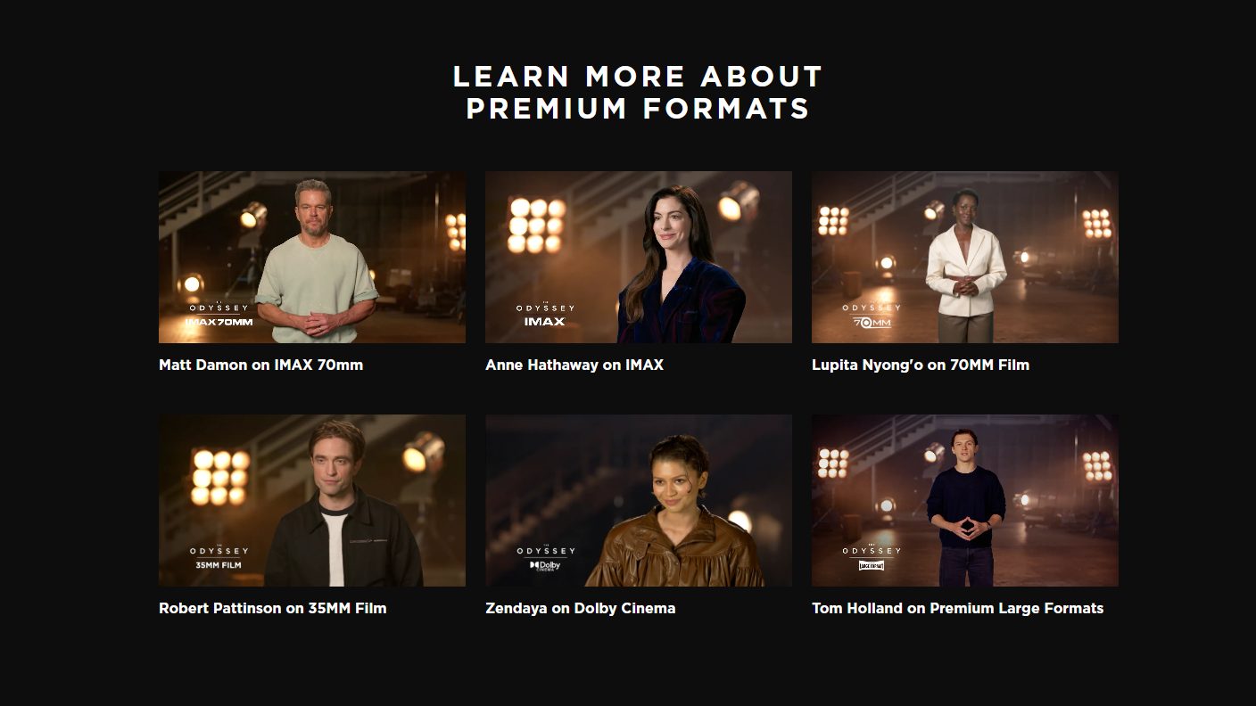 A screenshot of The Odyssey's website featuring six panels explaining the different formats.