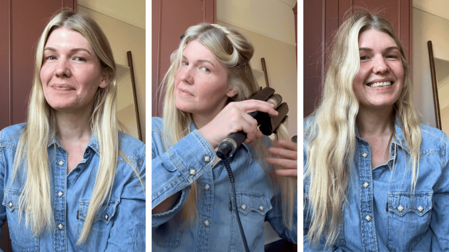 On the left is a before picture of Digital Beauty Editor Fiona McKim's hair before adding waves, followed by a GIF of how she uses the ghd waver and on the right, her wavy hair afterwards.