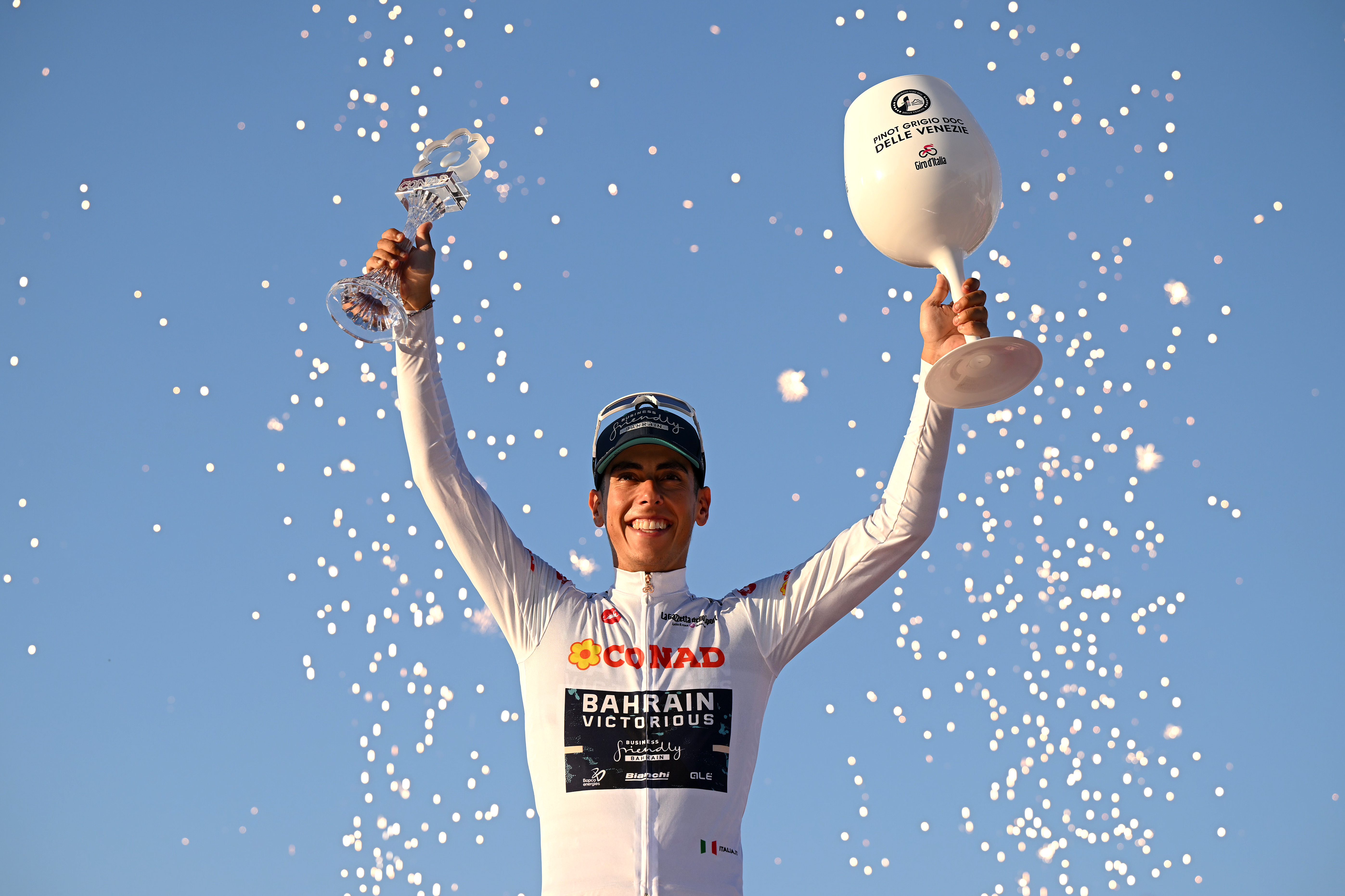 ROME, ITALY - MAY 31: Afonso Eulalio of Portugal and Team Bahrain - Victorious celebrates at podium as White Best Young Rider Jersey winner during the 109th Giro d&amp;amp;apos;Italia 2026, Stage 21 a 131km stage from Rome to Rome 1289m / #UCIWT / on May 31, 2026 in Rome, Italy. (Photo by Dario Belingheri/Getty Images)