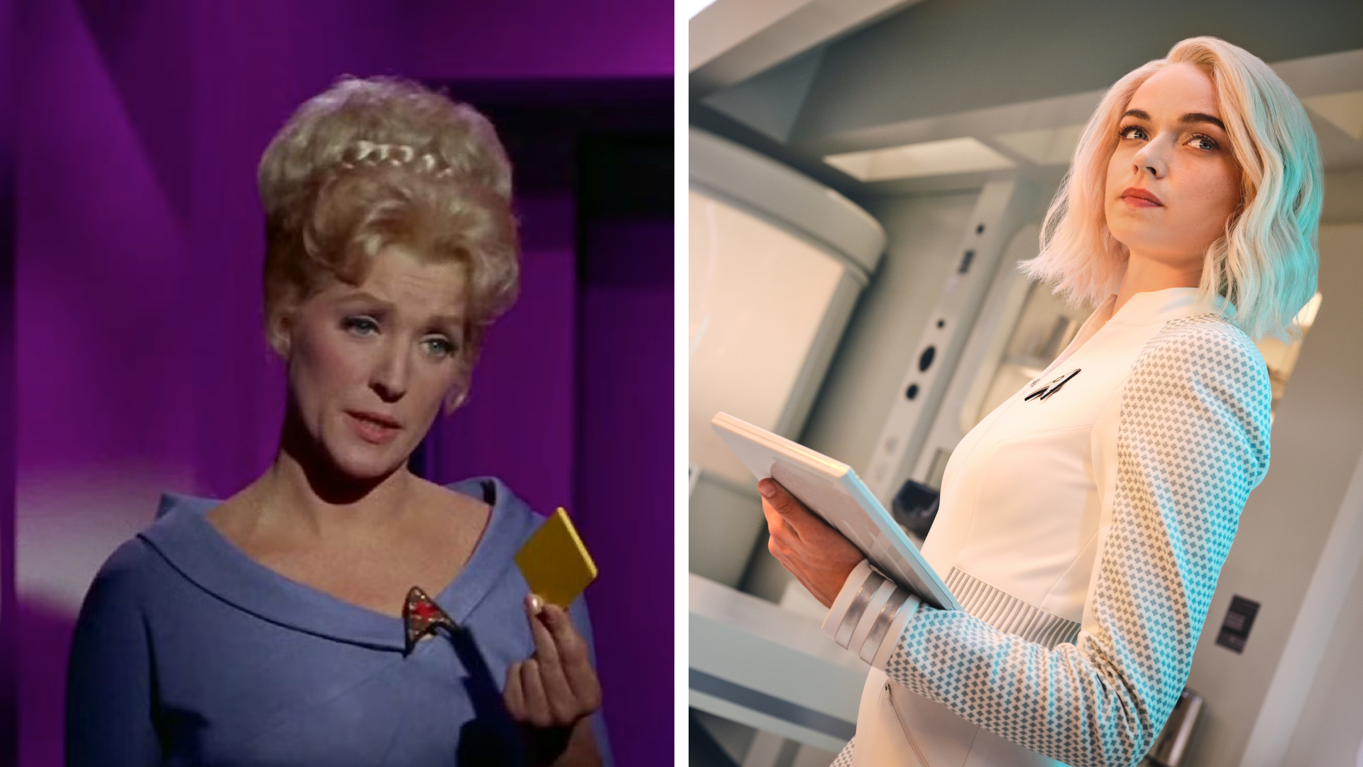 Split image showing Majel Barrett (Left) and Jess Bush (Right), who played Nurse Chapel in Star Trek: The Original Series and Star Trek: Strange New Worlds, respectively.