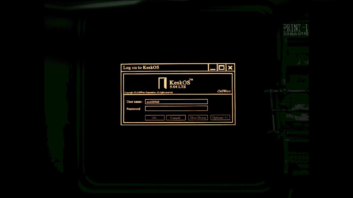 Image from horror game split by Mike Klubnika of a glowing orange computer terminal in a grungy room.