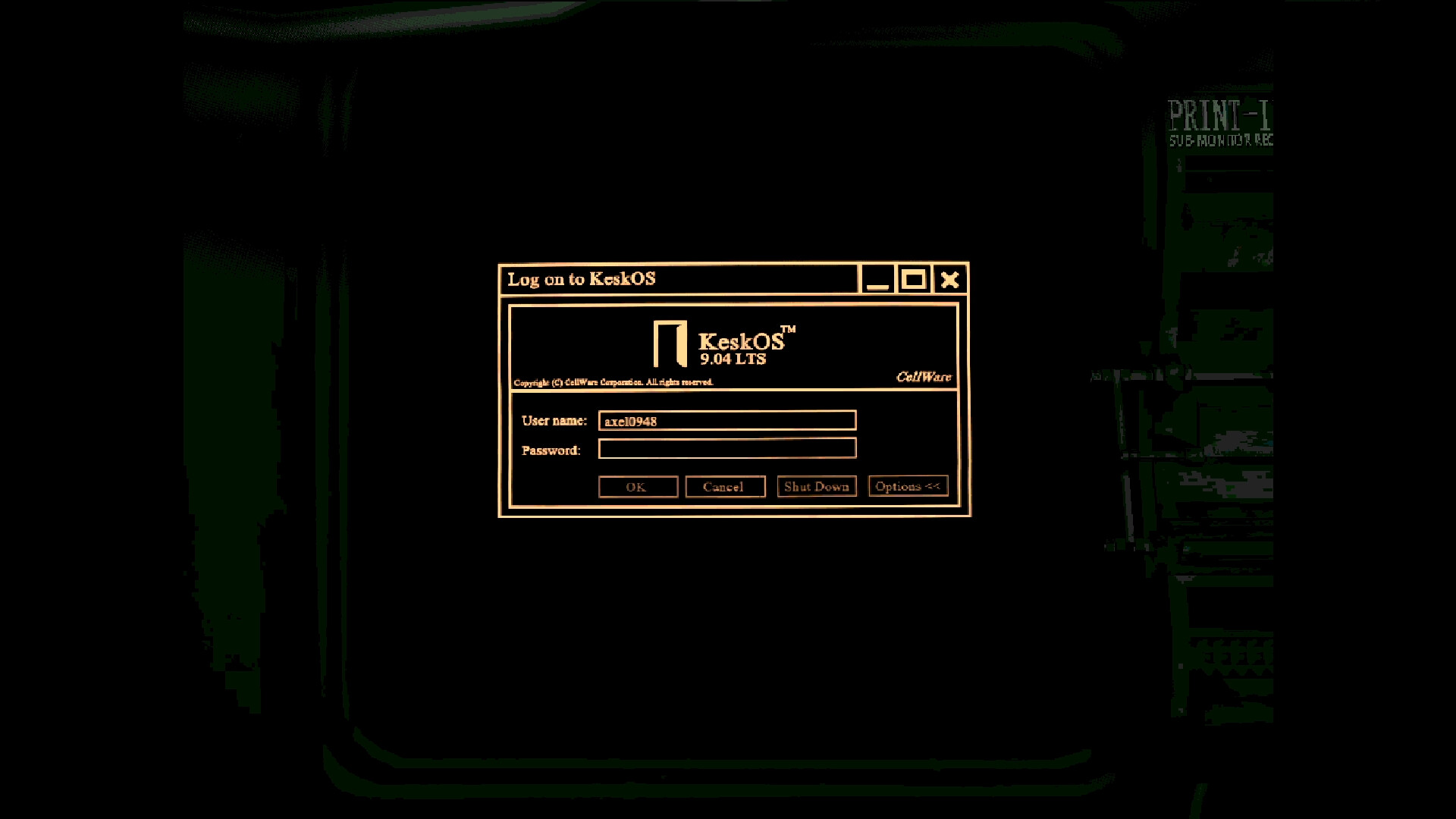 Image from horror game split by Mike Klubnika of a glowing orange computer terminal in a grungy room.