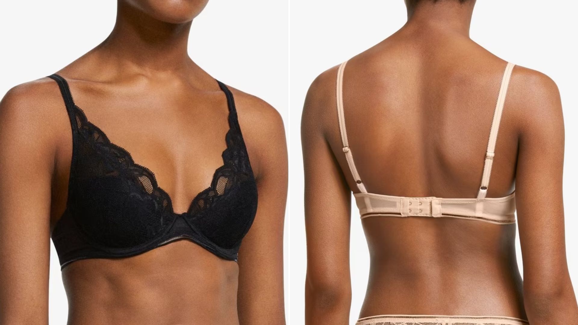 Two images of the AND/ORWren Lace Underwired Plunge Bra on models