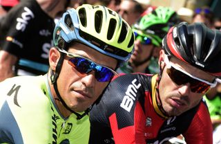 Alberto Contador (Tinkoff) and Sam Sanchez (BMC) at the start of stage 12 at the Vuelta a Espana