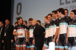 Frank Schleck and Brian Nygaard share a joke on stage