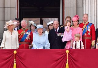 Camilla, Duchess of Cornwall, Prince Charles, Prince of Wales, Princess Eugenie of York, Queen Elizabeth II, Princess Beatrice of York, Prince Philip, Duke of Edinburgh, Princess Charlotte of Cambridge, Catherine, Duchess of Cambridge, Prince George of Cambridge and Prince William, Duke of Cambridge stand on the balcony of Buckingham Palace during the Trooping the Colour parade on June 17, 2017 in London, England