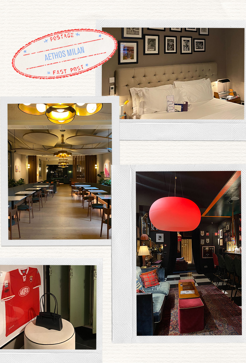 a collage of images of the Aethos Milan hotel