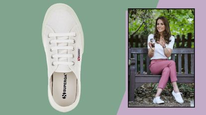 Superga white cotu classic trainers on green background next to image of Kate Middleton wearing the shoes on a lilac background