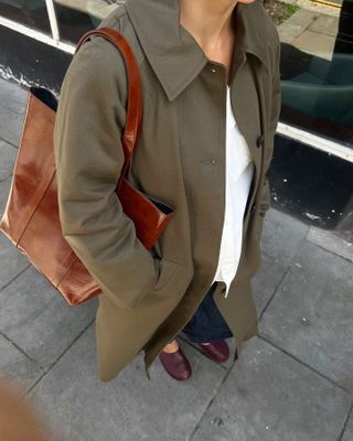 Influencer wears an olive trench coat.