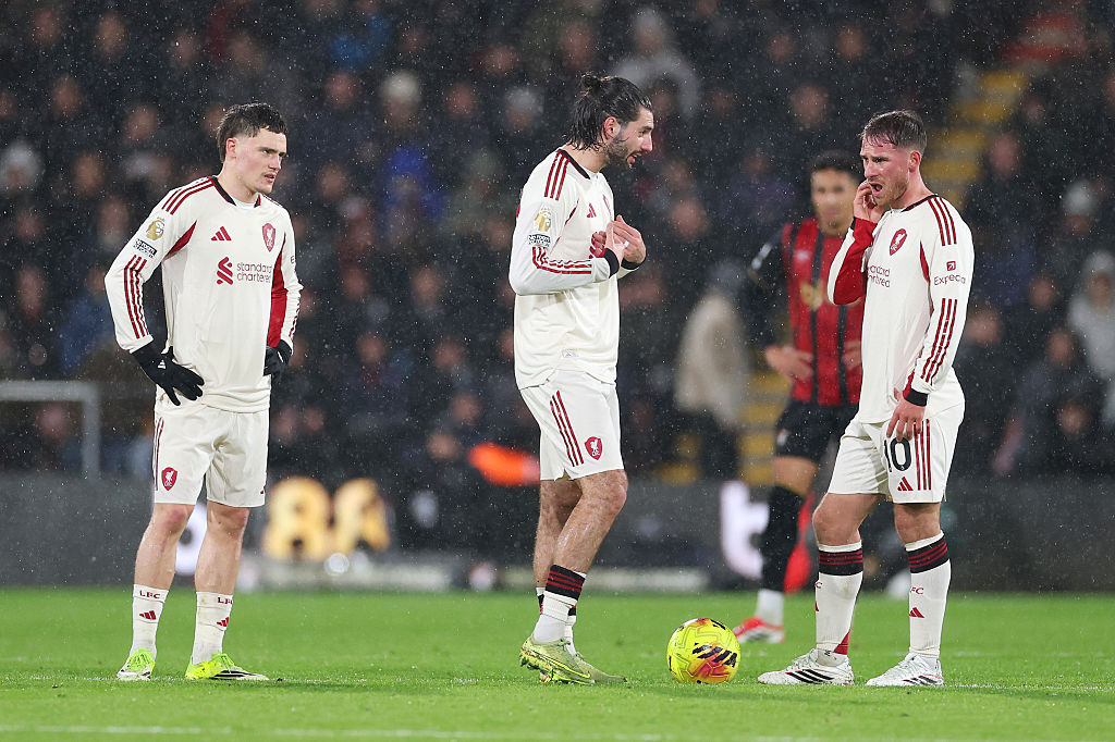 Dominik Szoboszlai of Liverpool speaks to teammate Alexis Mac Allister after Evanilson of AFC Bournemouth (not pictured) scored his team's first goal of the match during the Premier League match between Bournemouth and Liverpool at Vitality Stadium on January 24, 2026 in Bournemouth, England.