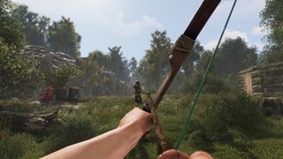 Rust screenshot shows a bow and arrow being drawn from a first-person perspective.