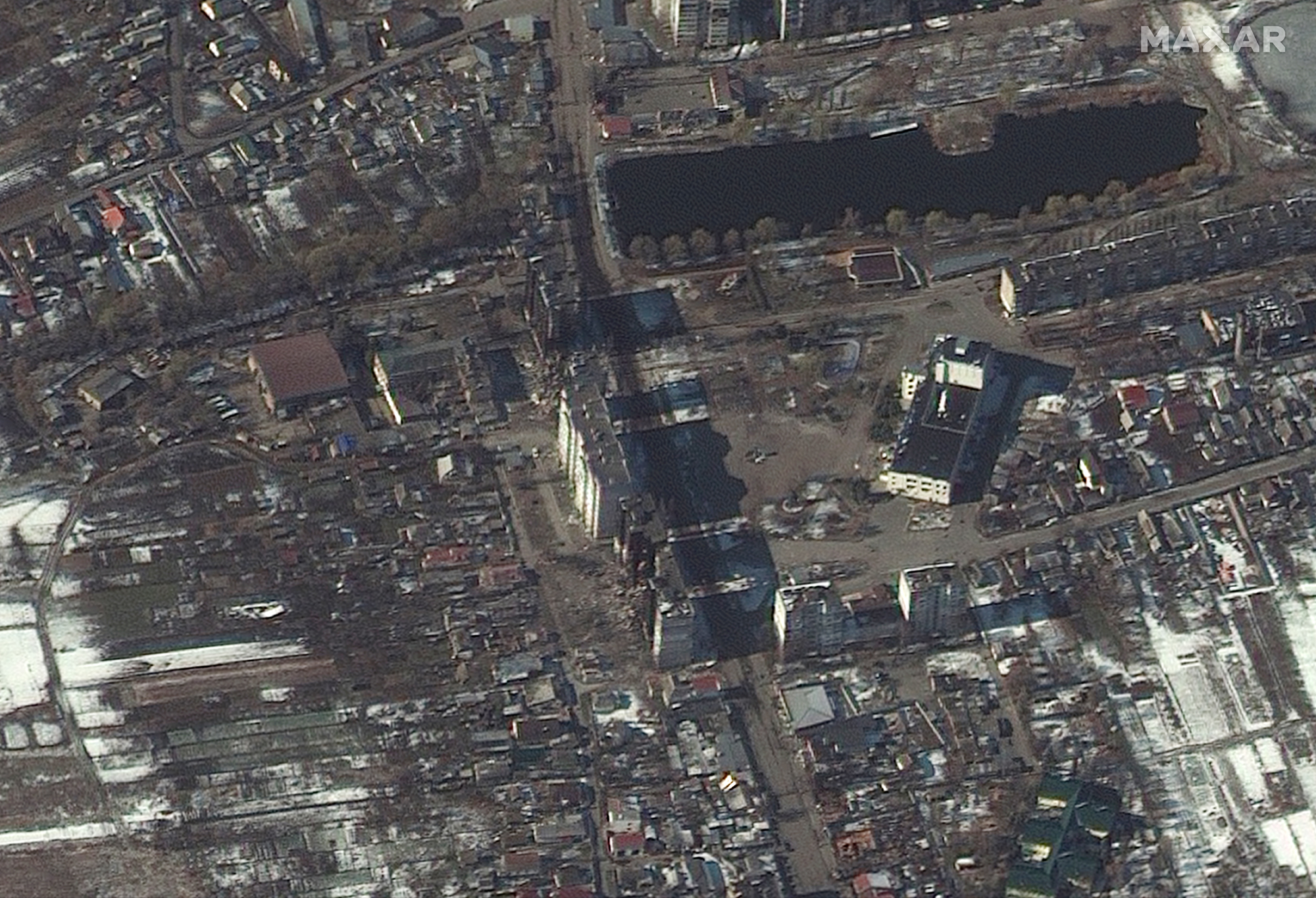 Heavily damaged residential high-rise buildings in Borodyanka, northwest of Kyiv, Ukraine, are visible in this Maxar satellite image taken on March 10, 2022.