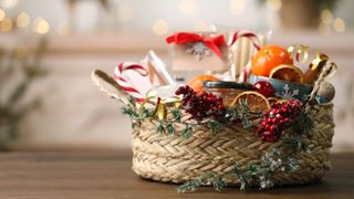 A wicker basket filled with food