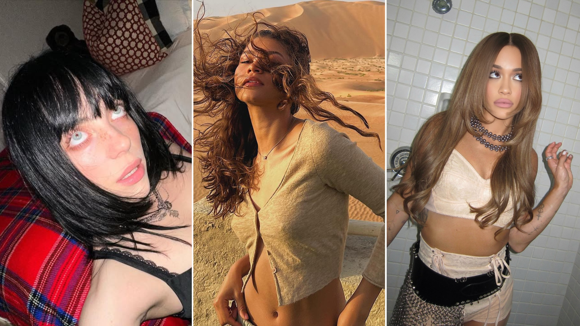 Collage of Billie Eilish, Zendaya, and Rita Ora with the summer's hottest hair color trends