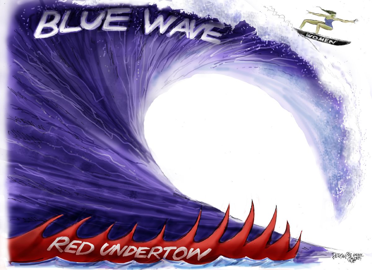 Political cartoon U.S. blue wave democrats women red undertow GOP
